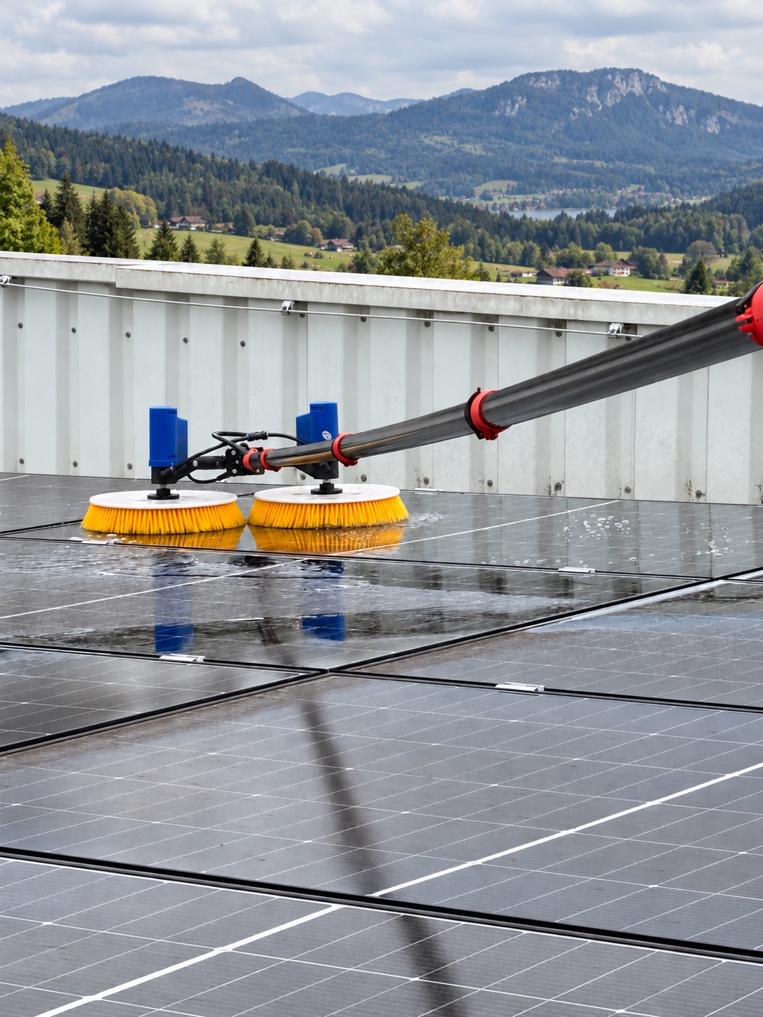 Doppelbürste auf Solarmodulen mit Bergkulisse im Hintergrund